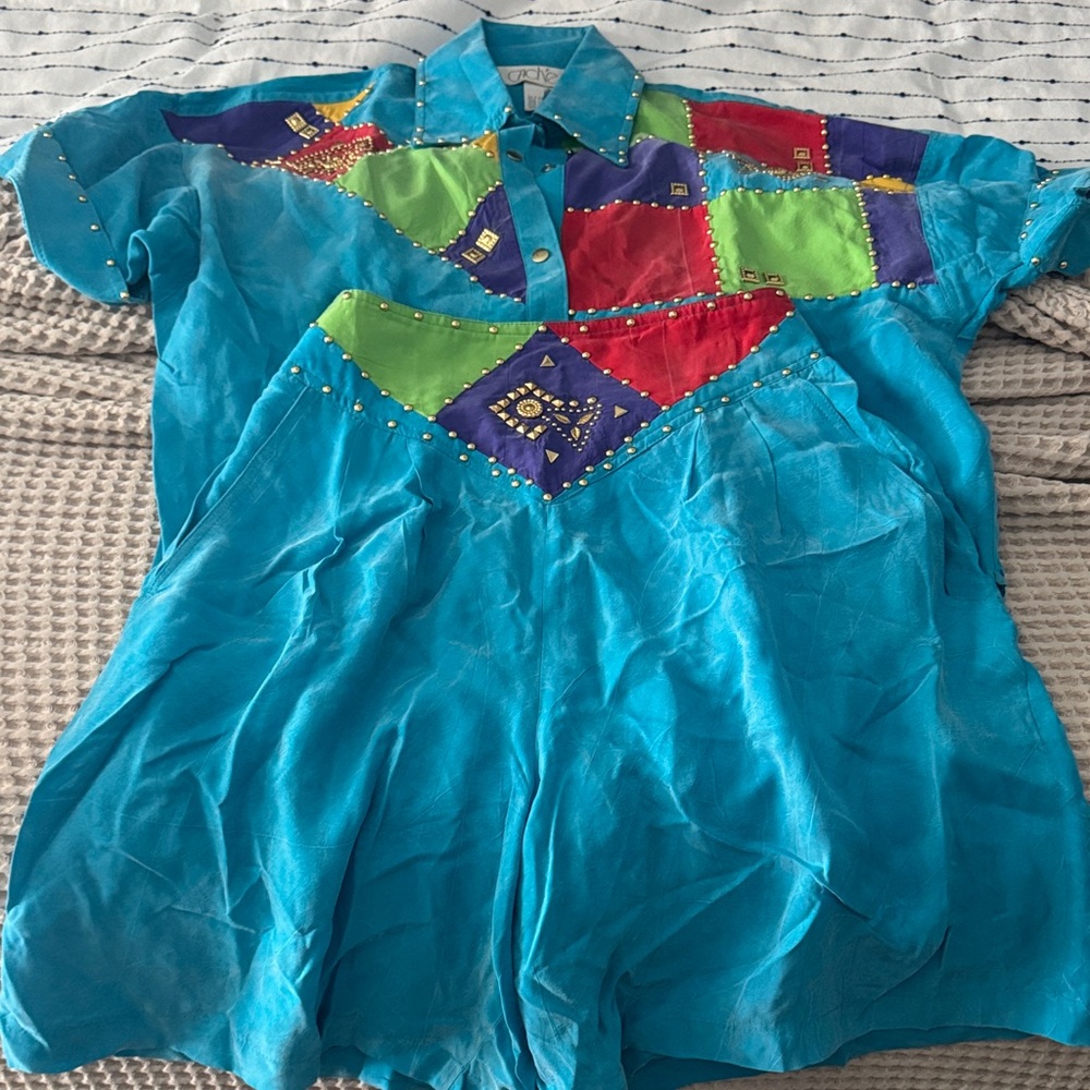 Cache Turquoise Patchwork Button-Down womens Shirt & Shorts Set